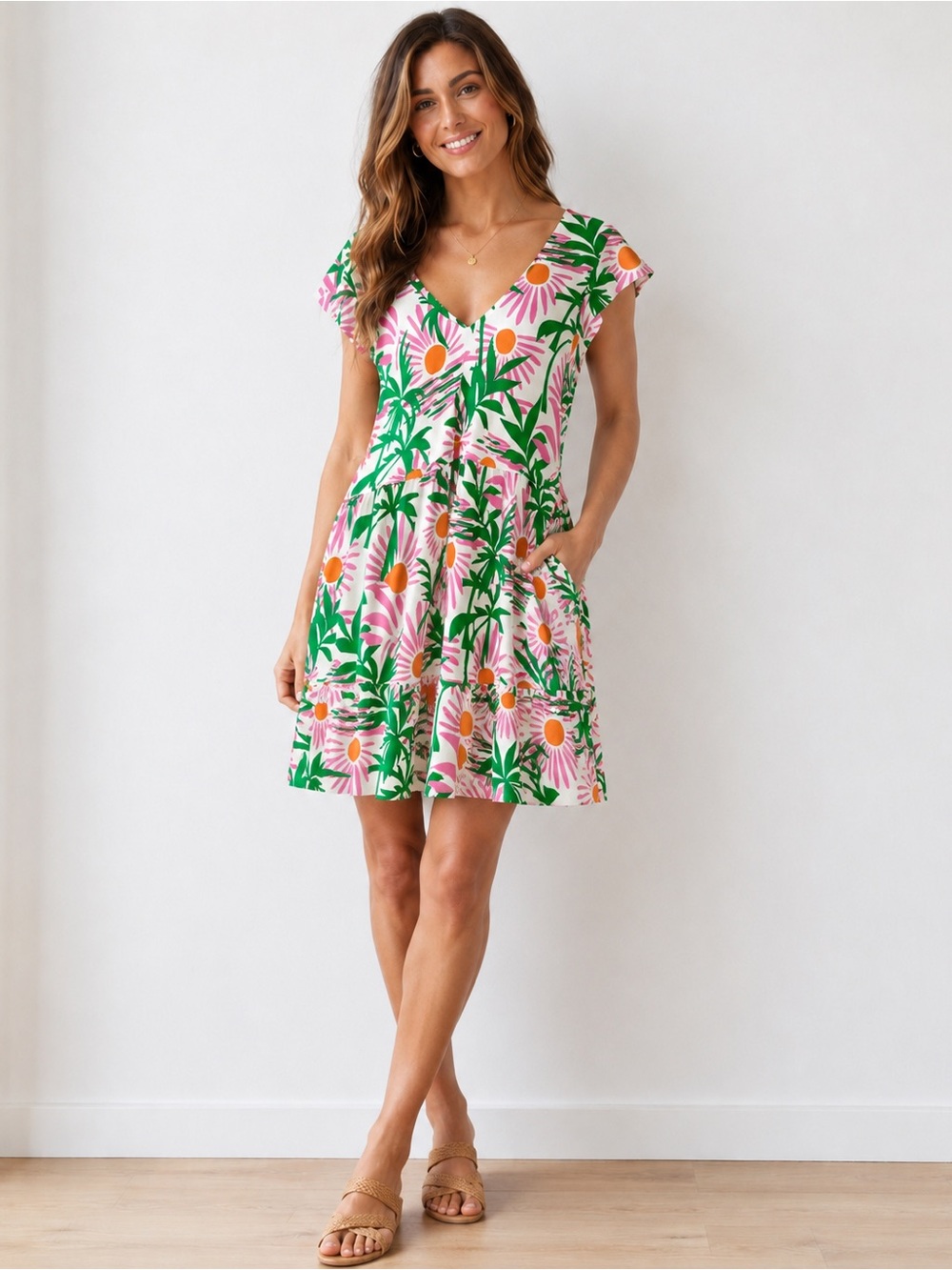 Tropical Palm & Sun Print Summer Dress in White, Green, Pink & Orange